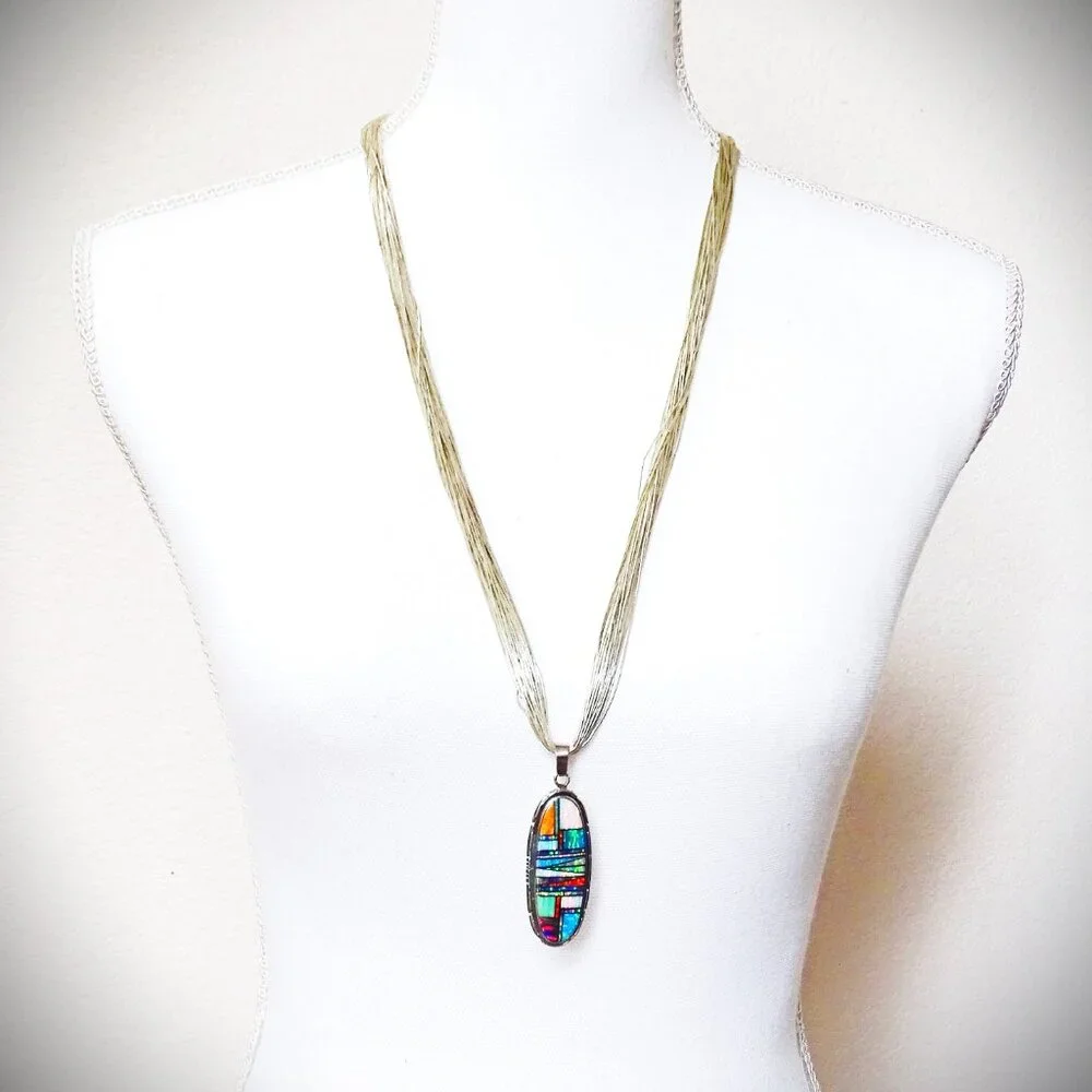 Multicolor Inlay Oval Pendant Necklace - Women Jewelry